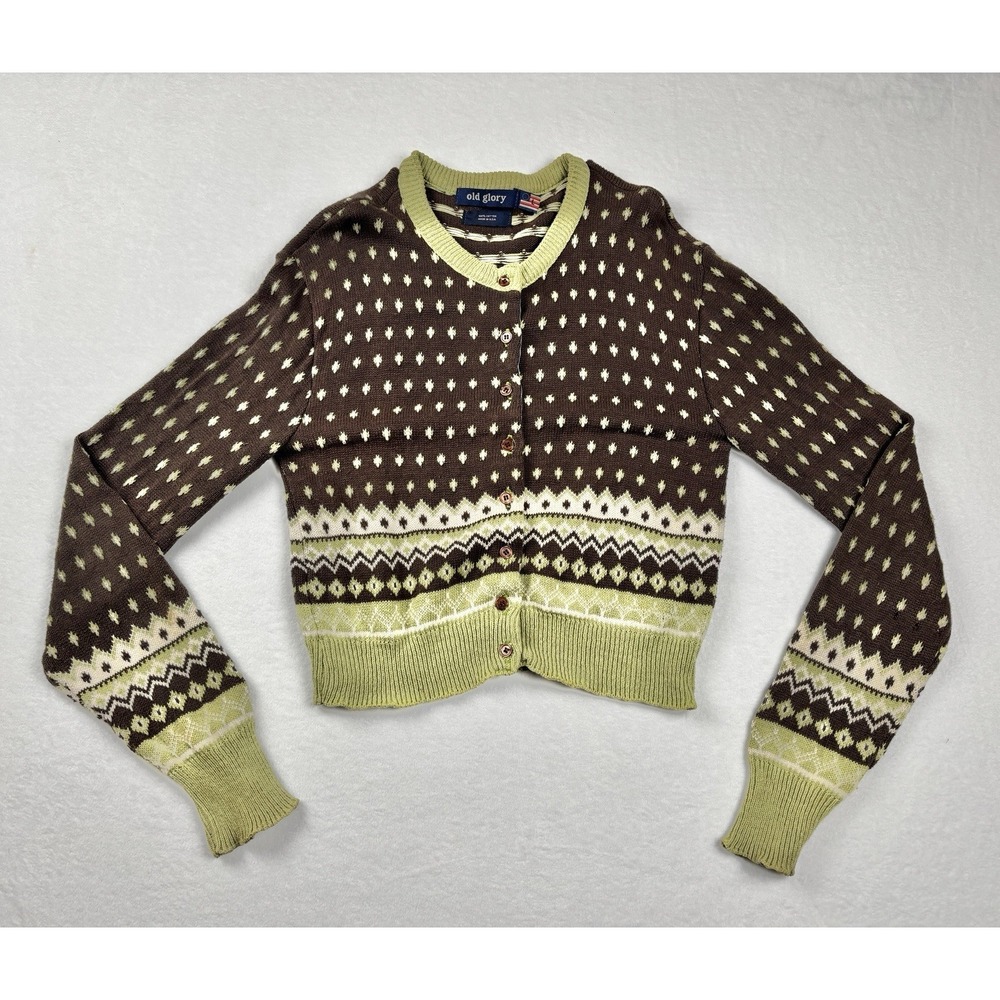 Old Glory Women's Cropped Knit Cardigan Brown Green Fair Isle 100% Cotton Size L